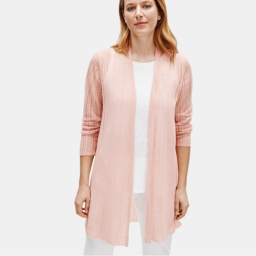 Eileen Fisher Organic Linen Crepe Long Cardigan Womens Medium Coastal Minimalist